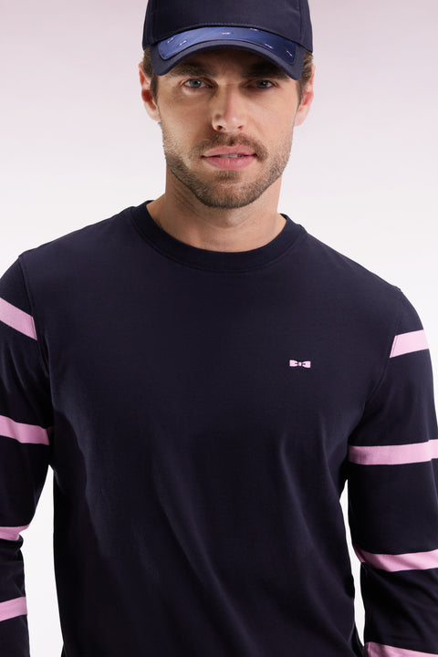 Long-sleeved navy cotton T-shirt with striped sleeves - Image 1