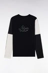 T-shirt à manches longues en coton noir colorblock blanc et gris