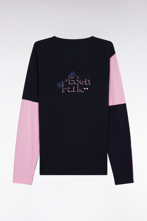 Long-sleeved T-shirt in pink colorblock navy cotton - Image 2