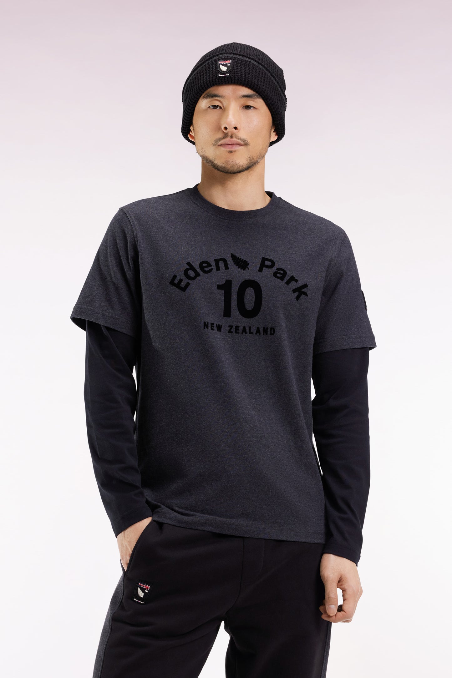 Long-sleeved T-shirt in grey cotton with overlay effect