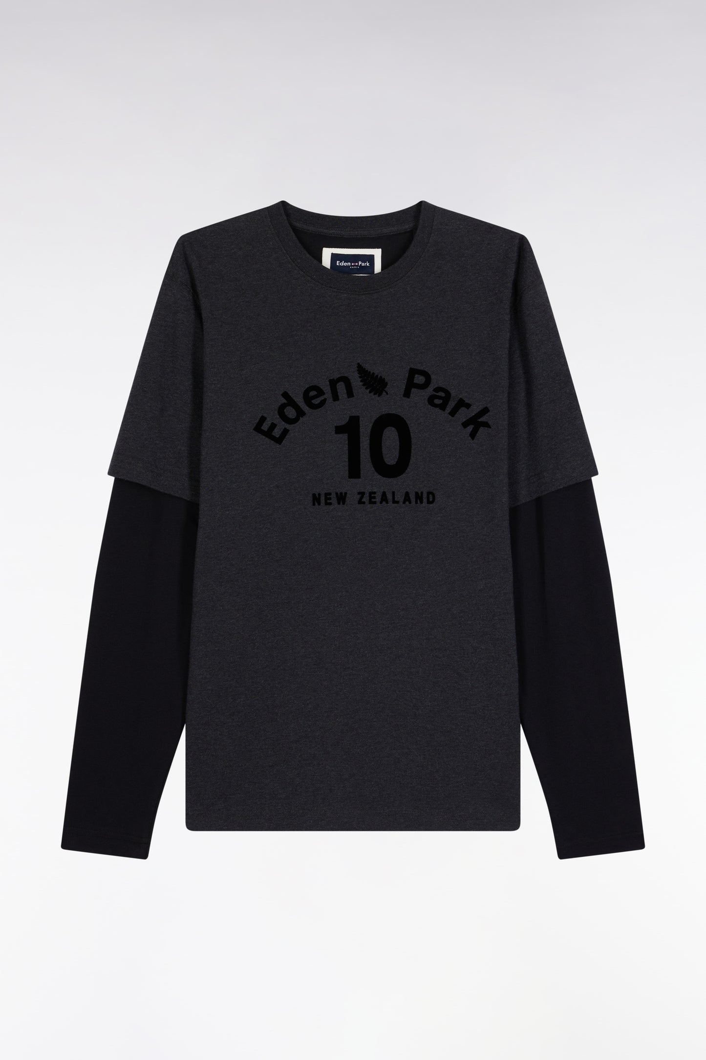 Long-sleeved T-shirt in grey cotton with overlay effect