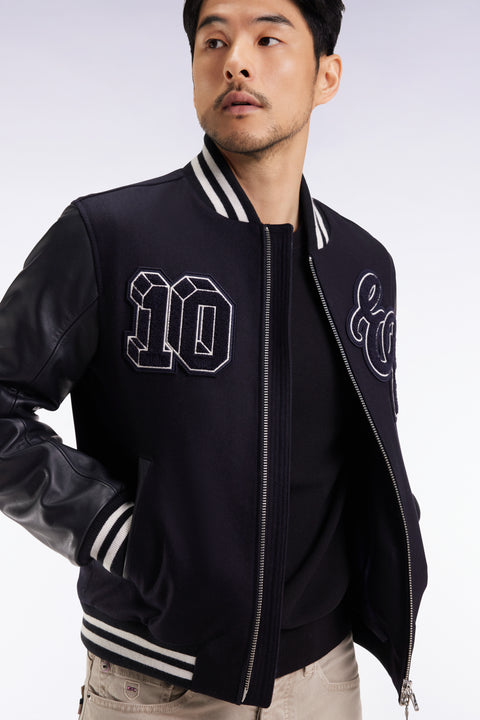 Two-tone teddy jacket with navy leather sleeves - Image 3