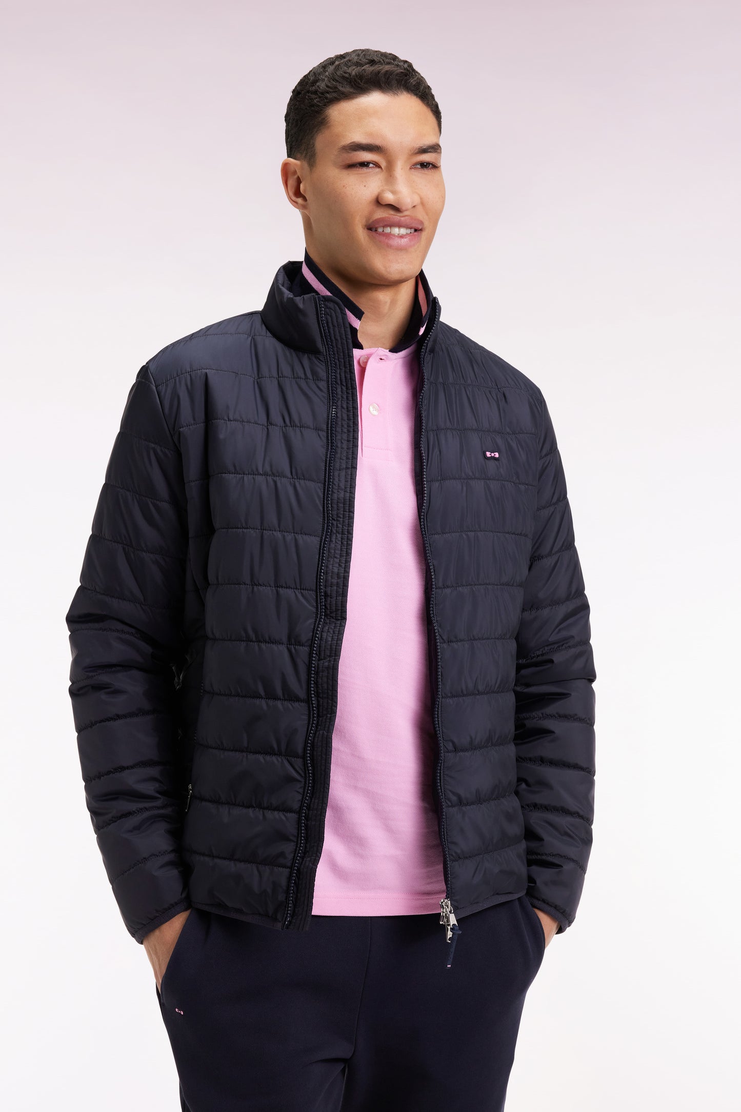 Navy quilted nylon down jacket with stand-up collar
