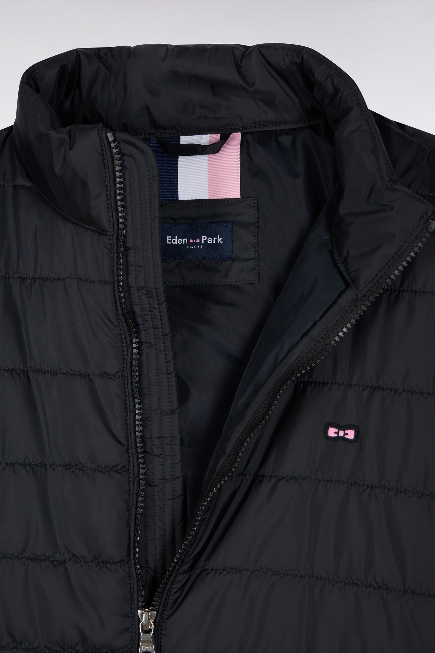 Black quilted nylon down jacket with stand-up collar