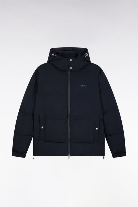 Navy quilted nylon down jacket with removable hood - Image 2