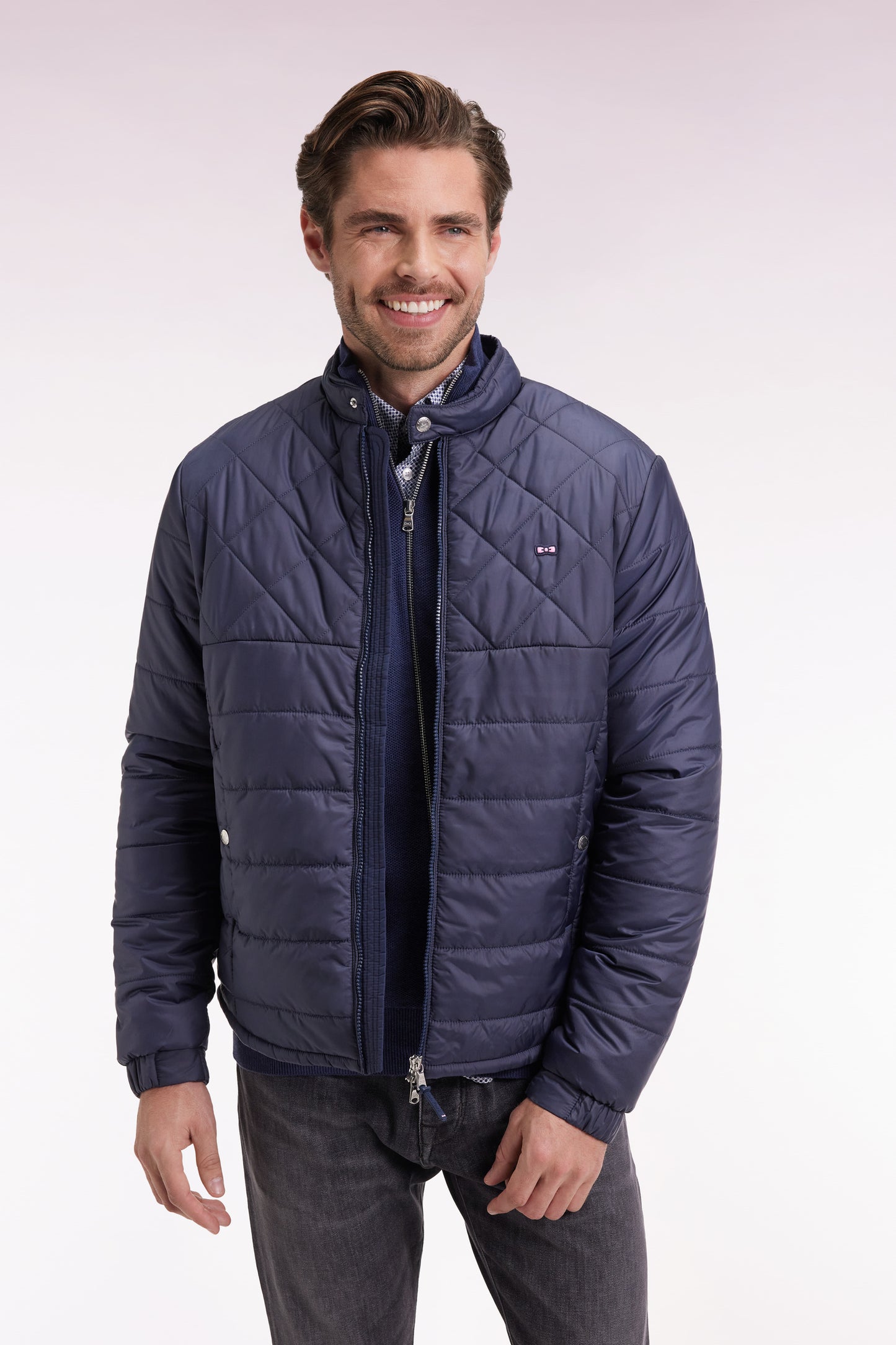 Beige quilted nylon jacket with biker collar