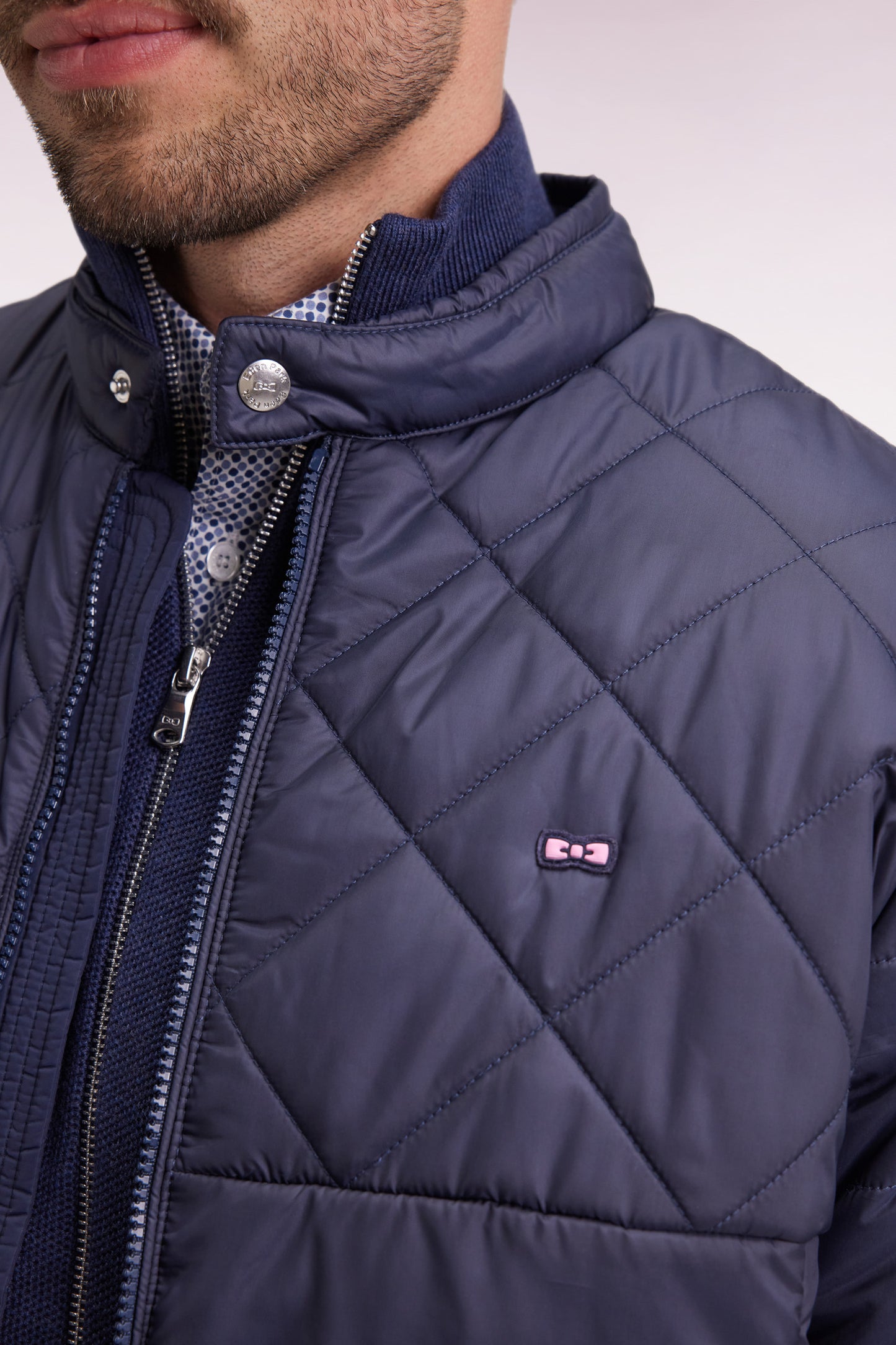 Beige quilted nylon jacket with biker collar