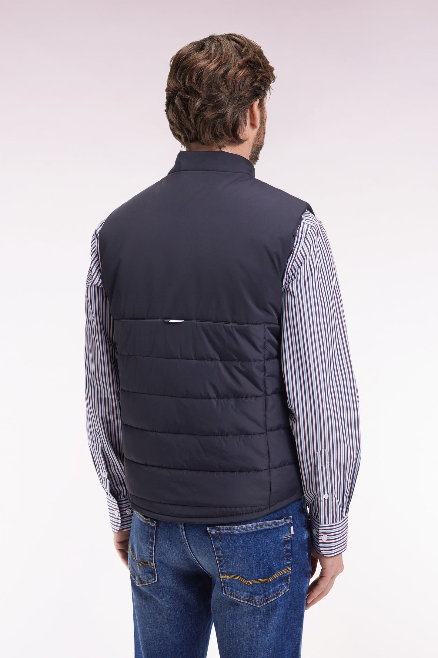 Navy two-material sleeveless down jacket