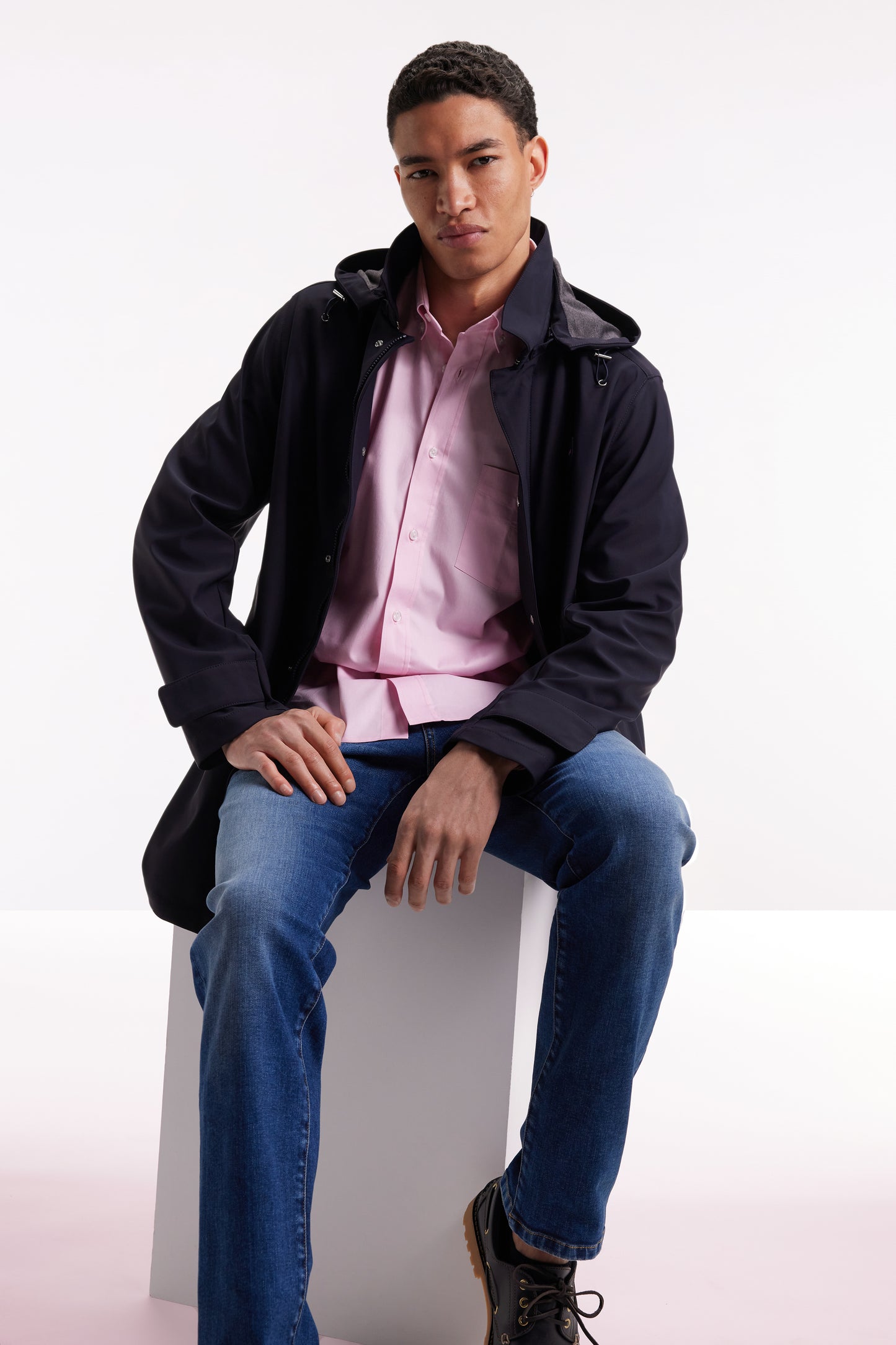 Long raincoat in navy double-faced jersey with removable hood