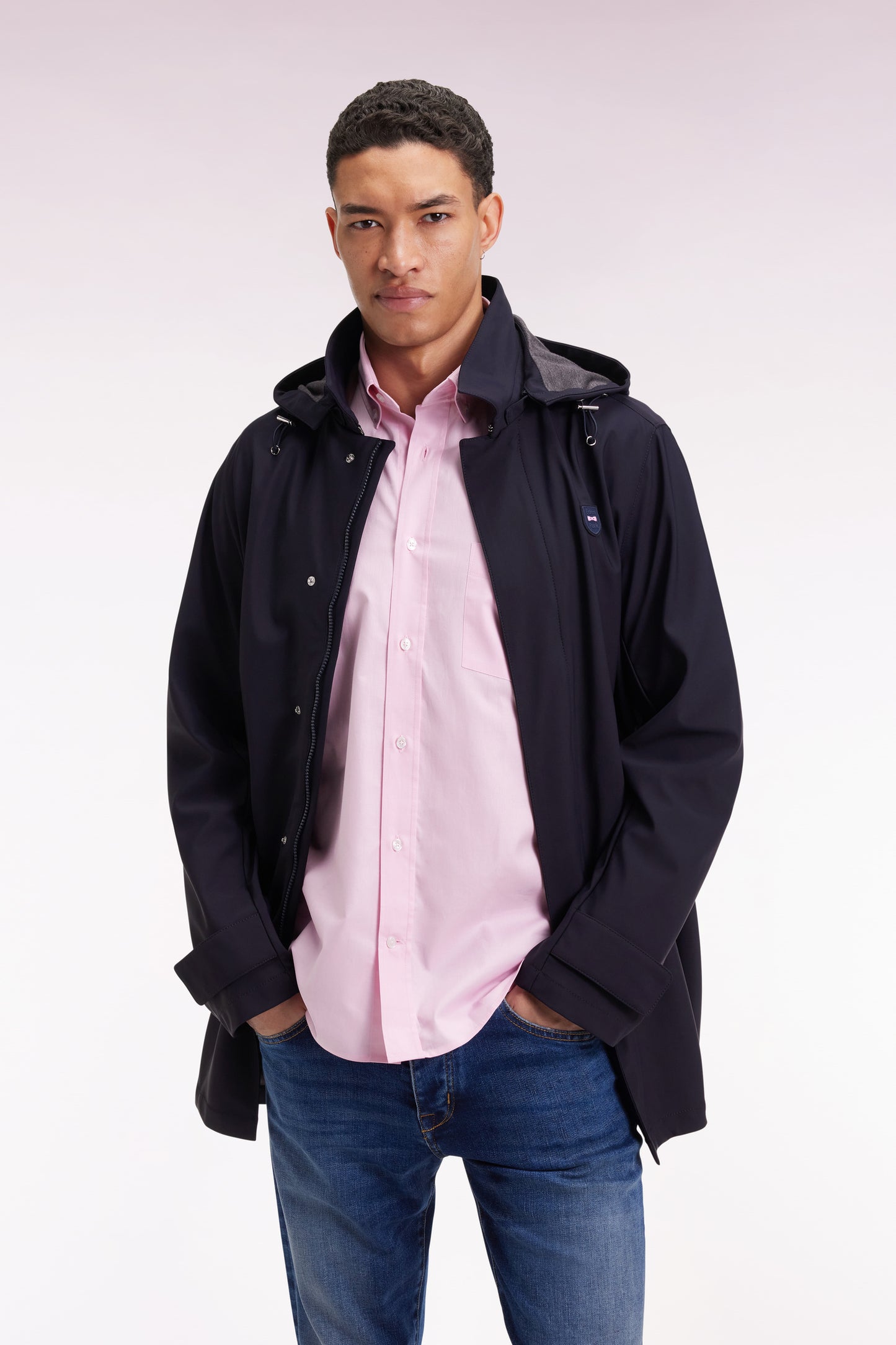Long raincoat in navy double-faced jersey with removable hood