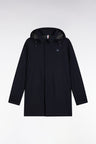 Long raincoat in navy double-faced jersey with removable hood