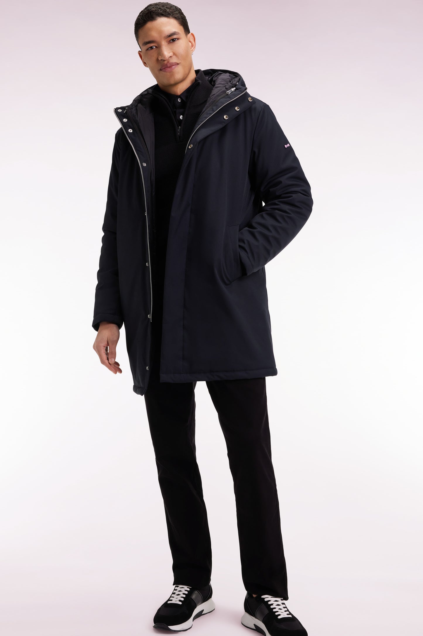 Long 2-in-1 parka in black nylon with integrated hood