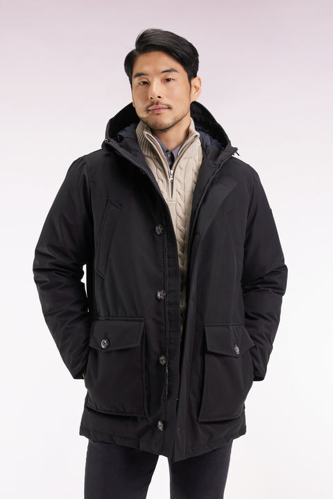 Parka courte en nylon noir à poches plaquées - Image 1