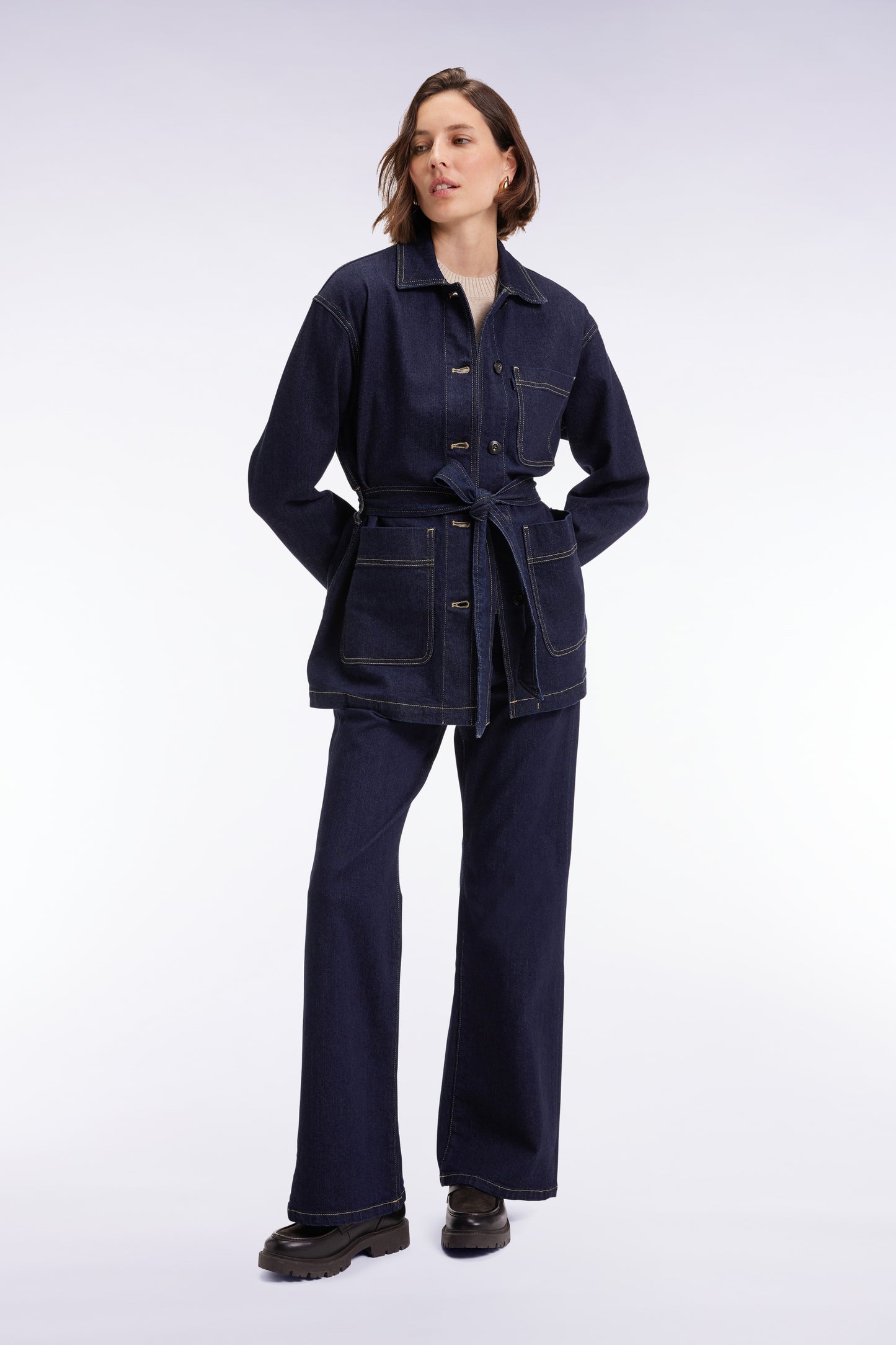 Belted overshirt in raw stretch denim Oversized cut