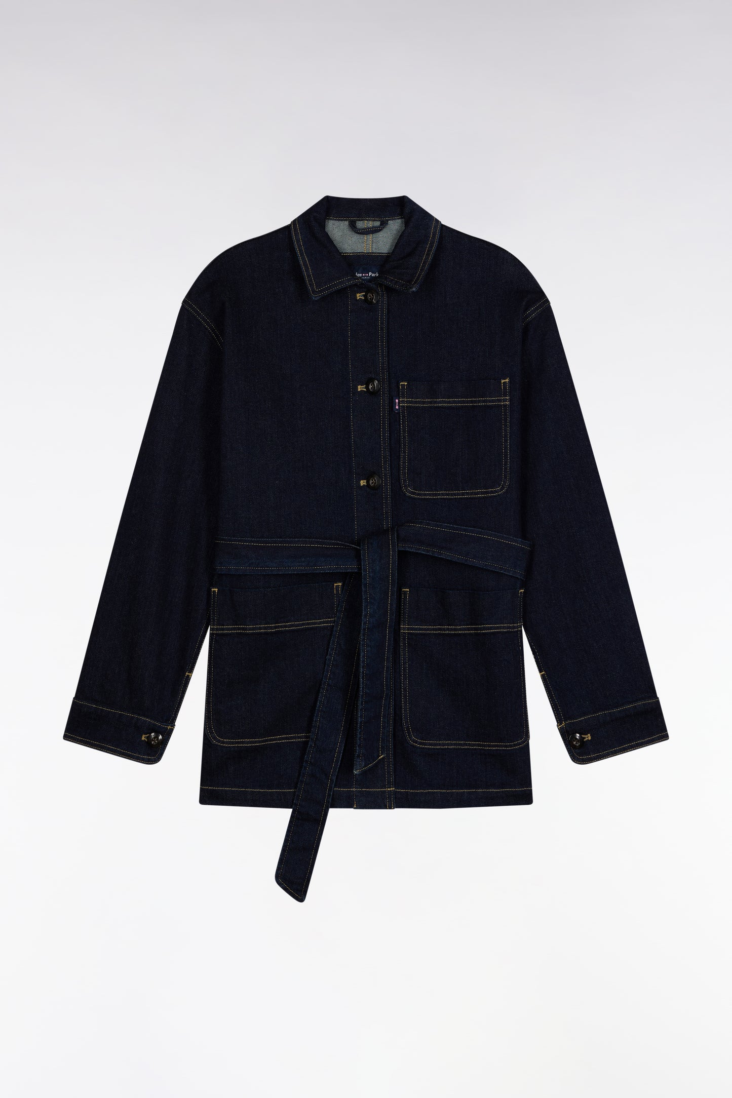 Belted overshirt in raw stretch denim Oversized cut