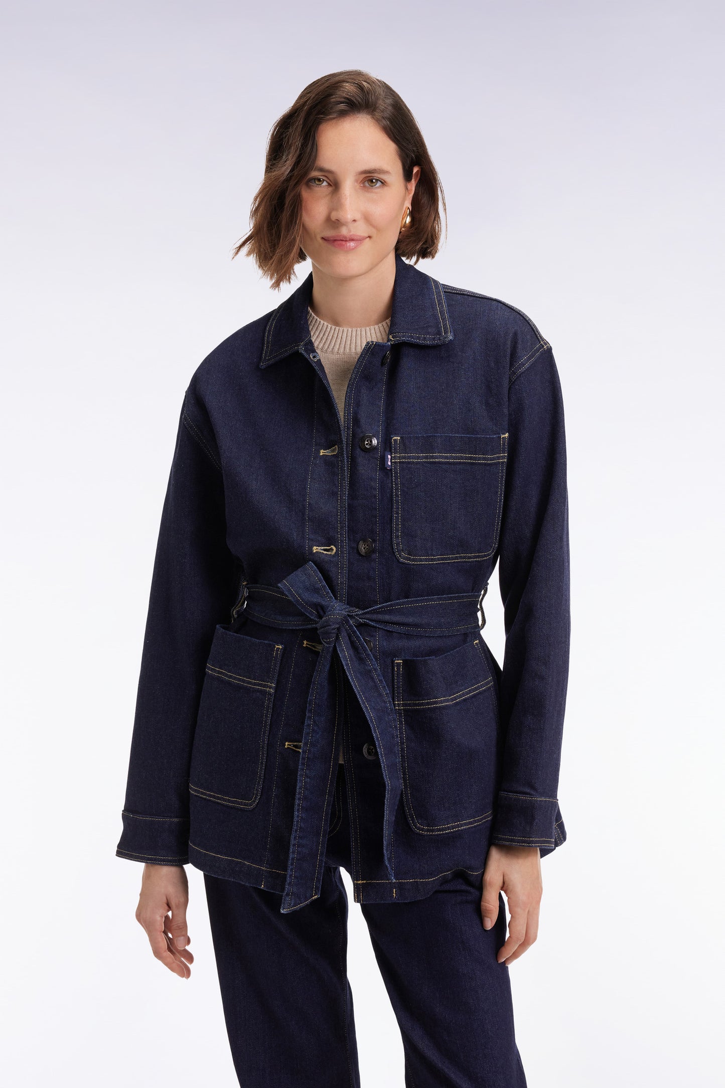 Belted overshirt in raw stretch denim Oversized cut