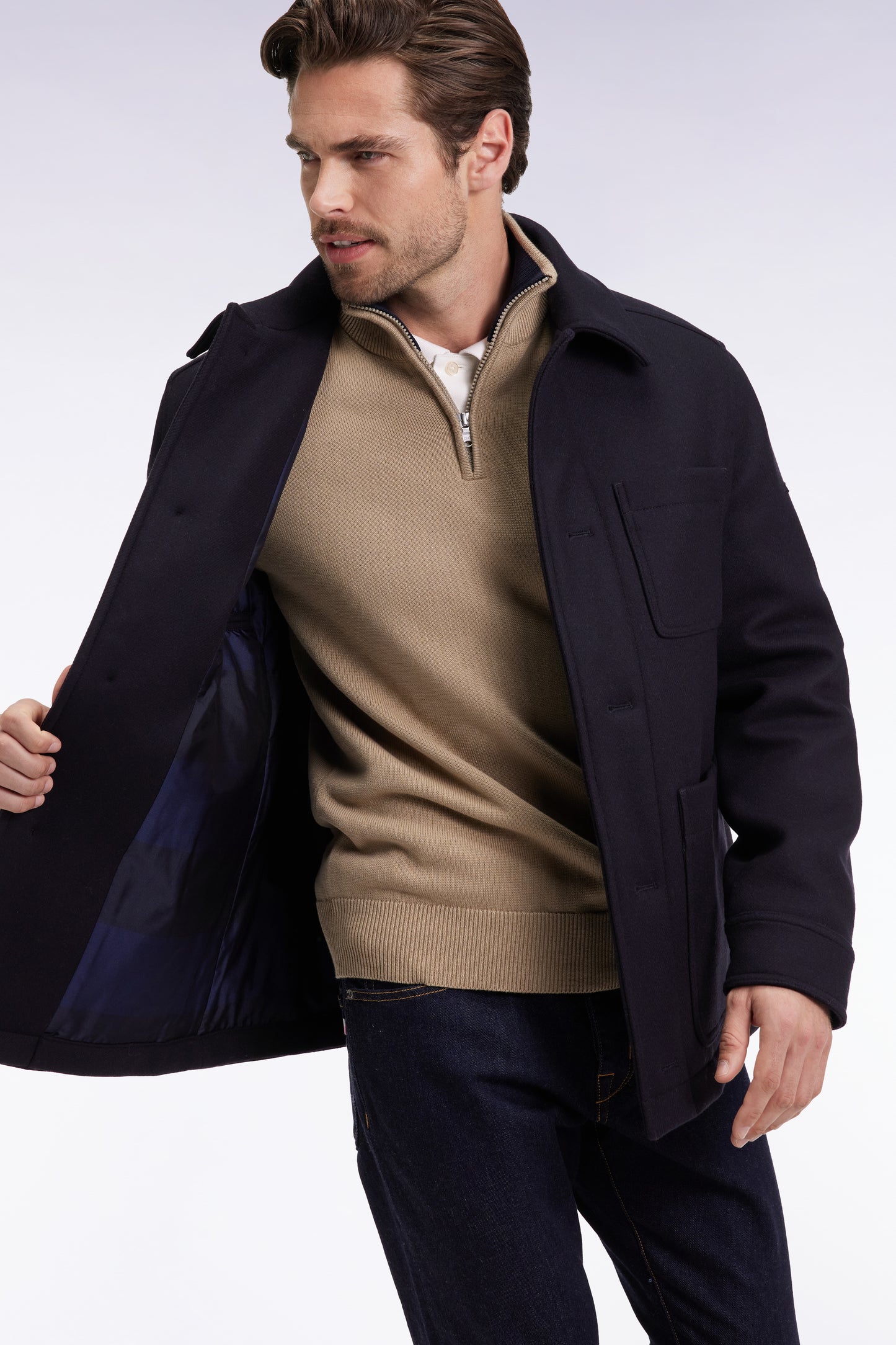 Navy wool twill overshirt with patch pockets