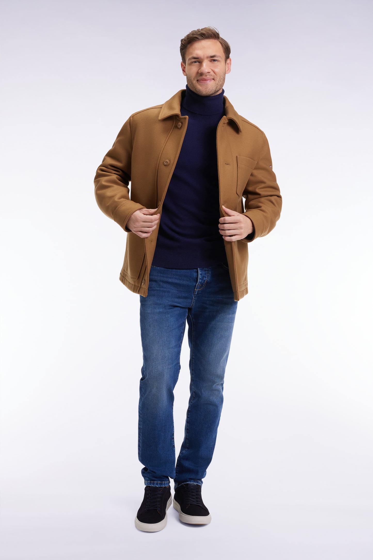 Camel wool twill overshirt with patch pockets