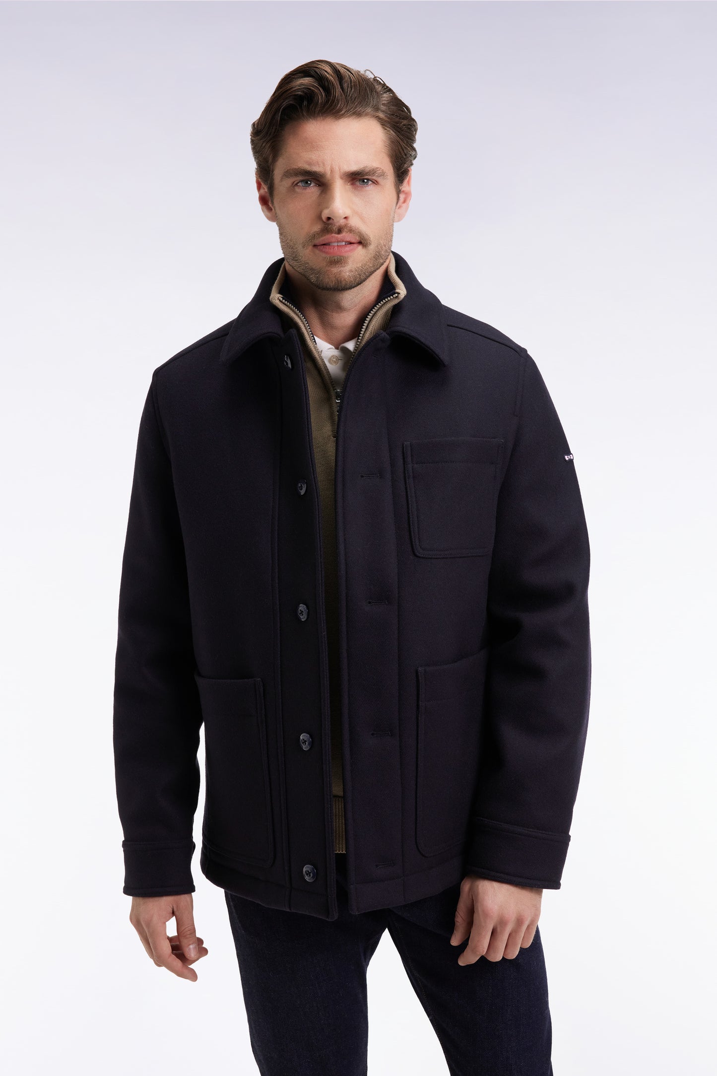 Navy wool twill overshirt with patch pockets