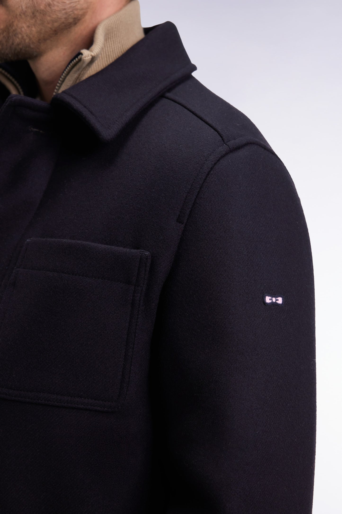 Navy wool twill overshirt with patch pockets