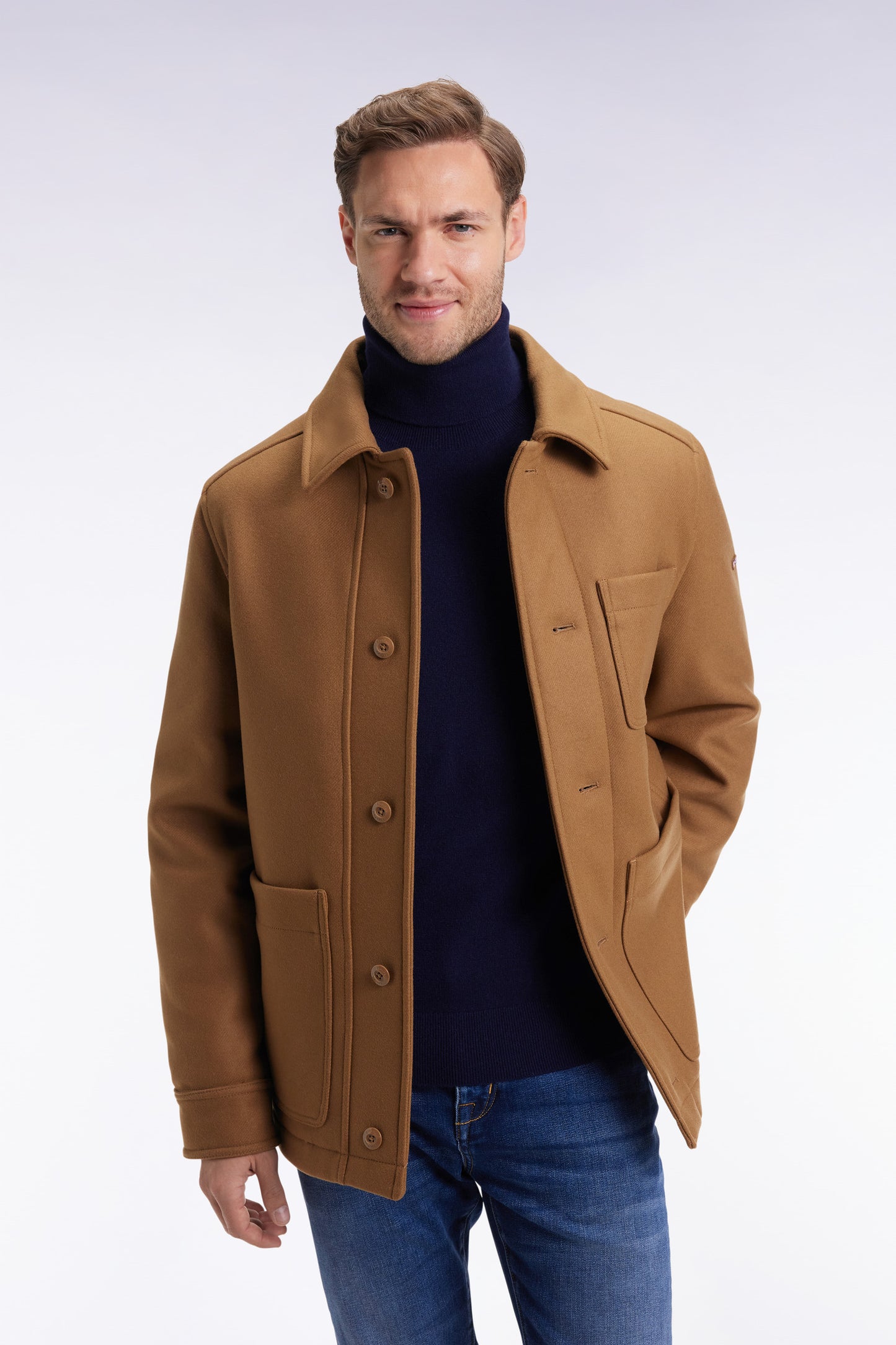 Camel wool twill overshirt with patch pockets