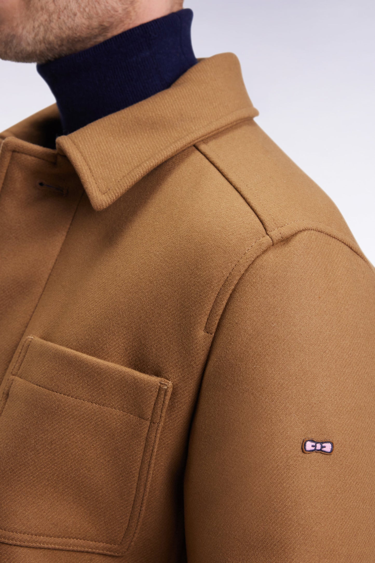 Camel wool twill overshirt with patch pockets