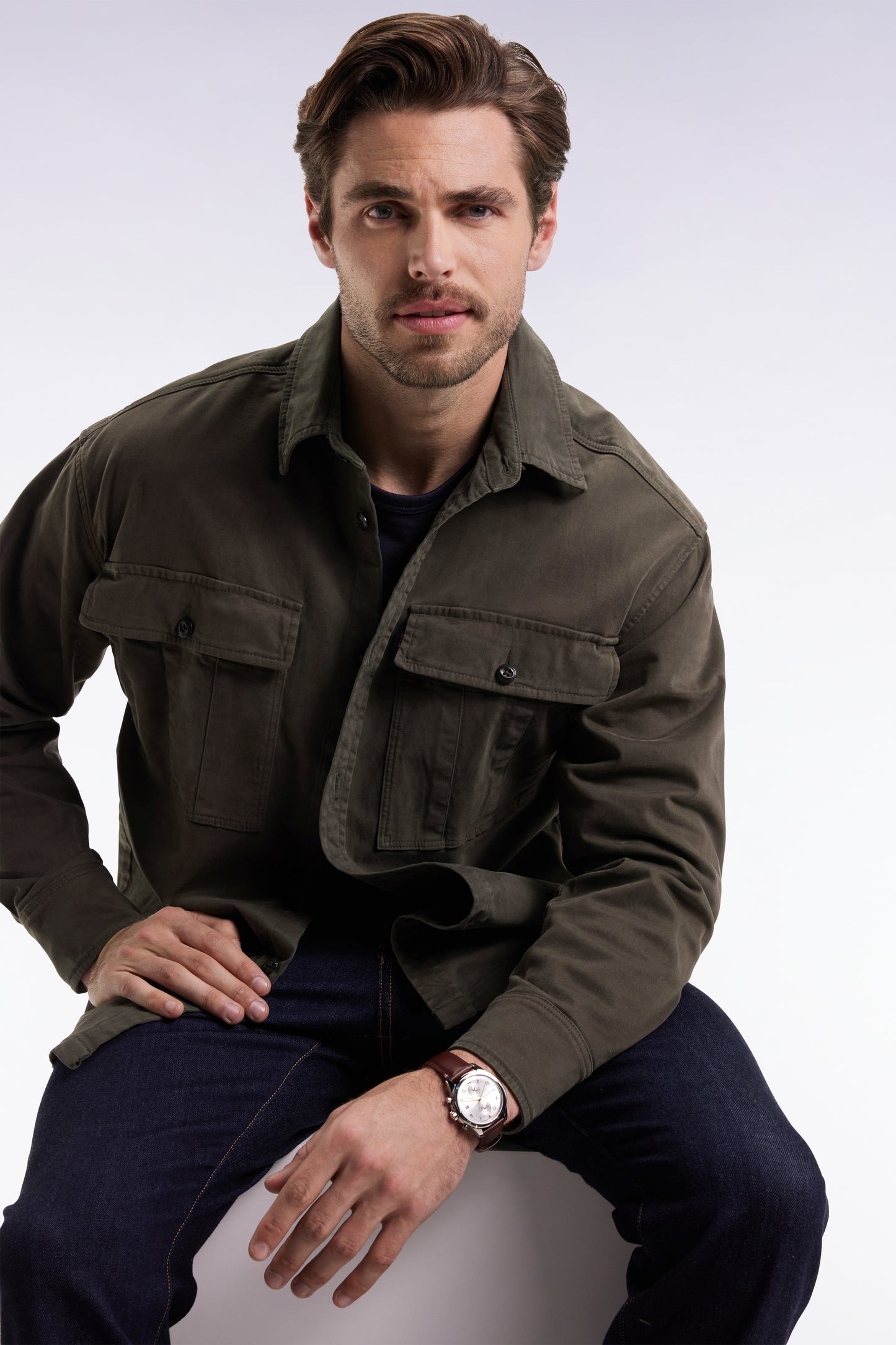 Khaki stretch cotton twill overshirt with patch pockets