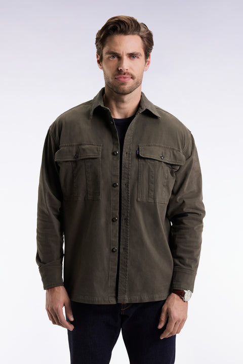 Khaki stretch cotton twill overshirt with patch pockets - Image 3