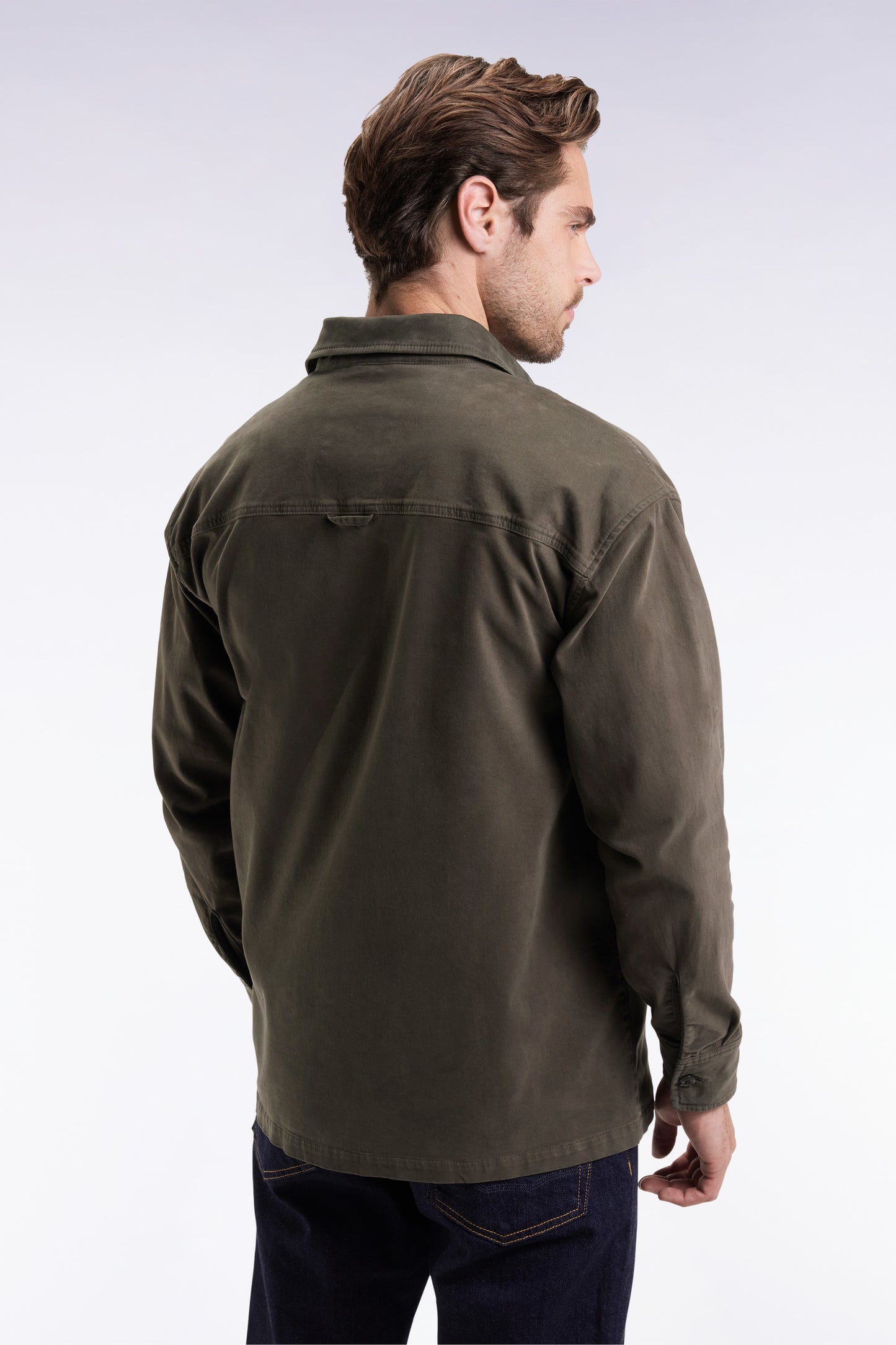 Khaki stretch cotton twill overshirt with patch pockets