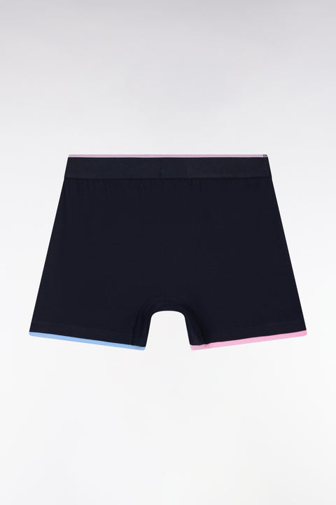 Boxer shorts in navy cotton jersey with striped trim - Image 2