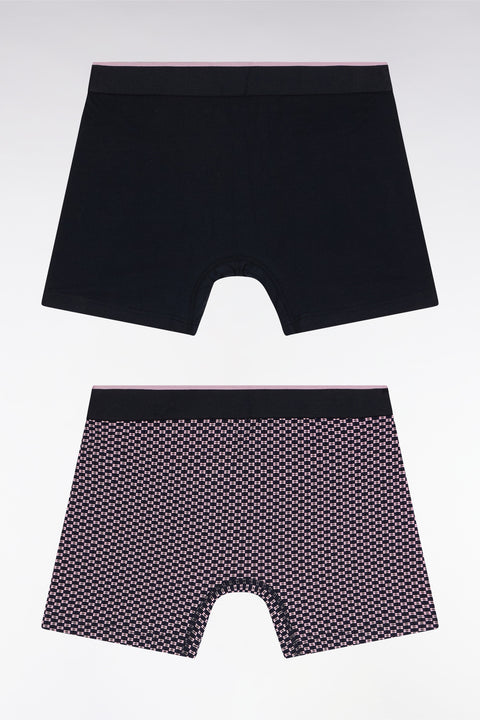 Set of two boxer shorts in plain stretch cotton jersey with navy and pink micro-patterns - Image 2