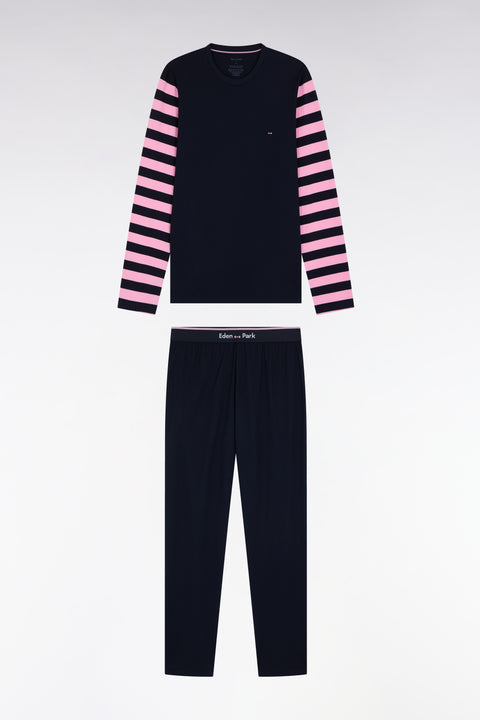 Long pyjamas in navy cotton jersey with striped sleeves - A SHOOTER - Image 1