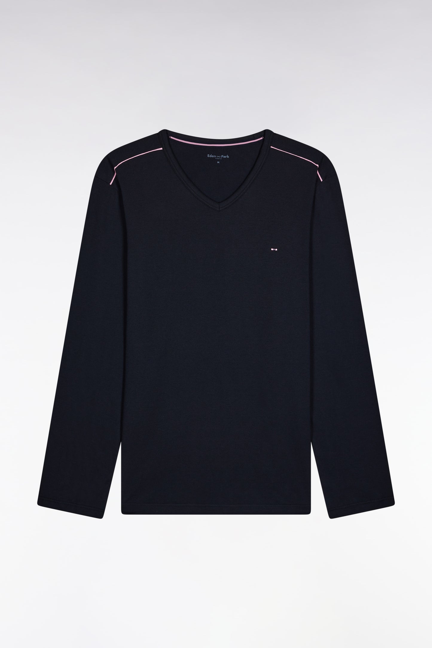Long pyjamas in plain navy cotton jersey with pink piping