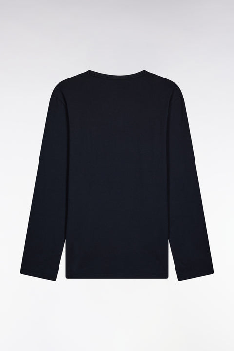 Long pyjamas in plain navy cotton jersey with pink piping - Image 3