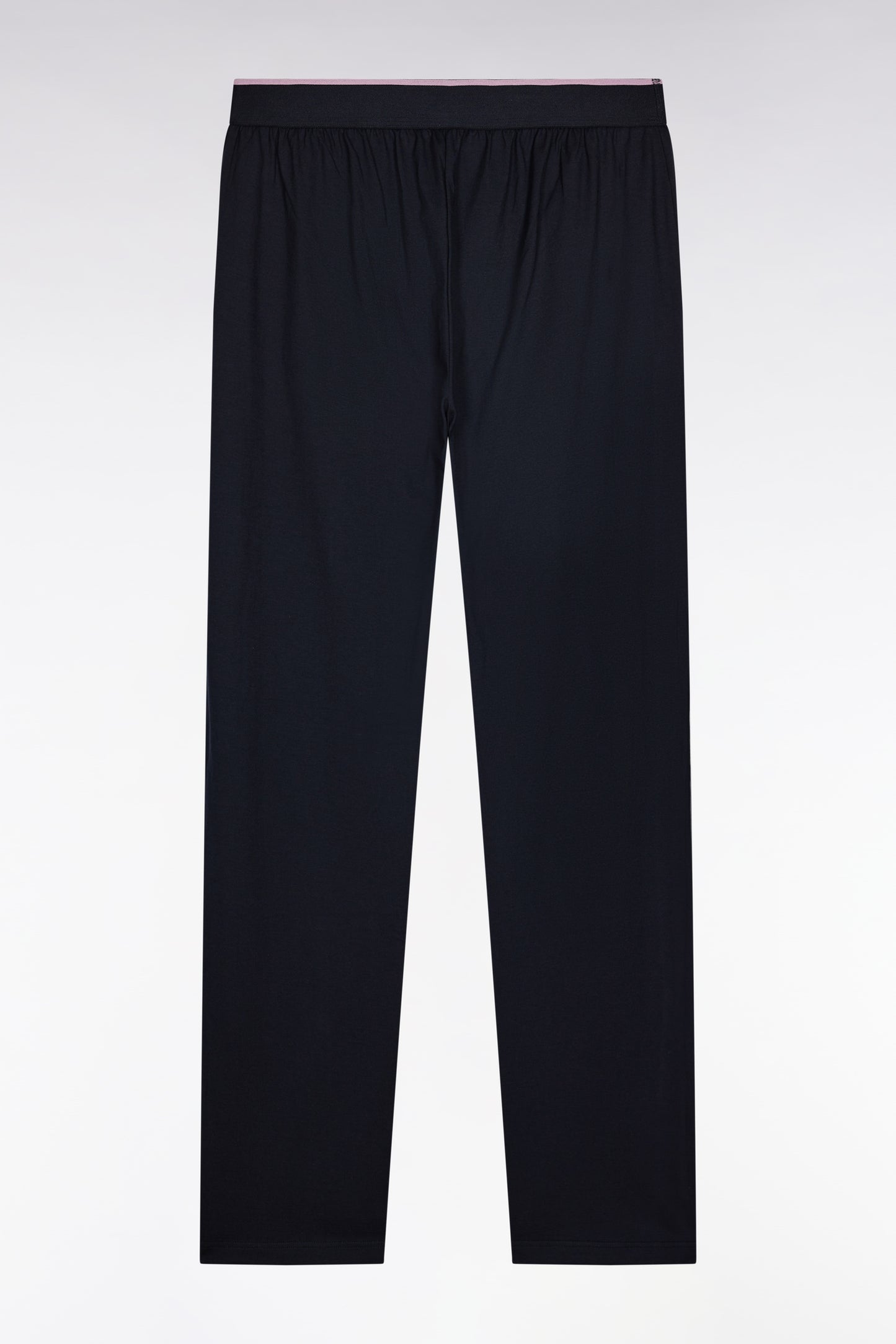 Long pyjamas in plain navy cotton jersey with pink piping