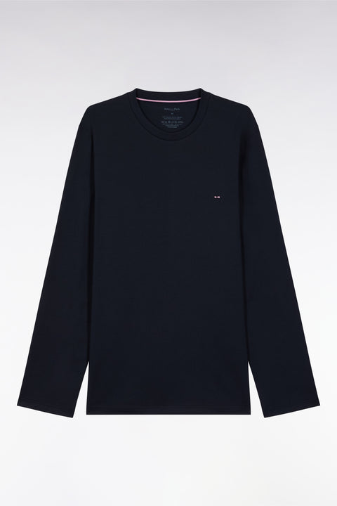 Long pyjamas in navy cotton jersey with micropatterned bow tie - Image 1