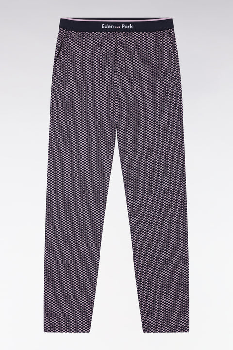 Long pyjamas in navy cotton jersey with pink patterned pants - Image 2
