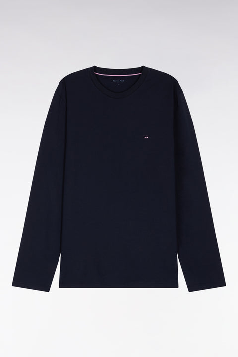 Long pyjamas in navy cotton jersey with pink patterned pants - Image 1