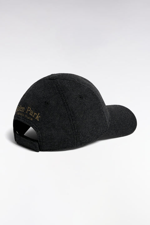Charcoal herringbone woolen cloth cap with crest patch - Image 2