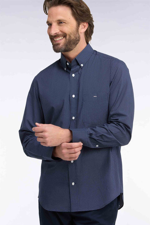 Navy cotton shirt with micro-patterned bow ties, straight cut - Image 1