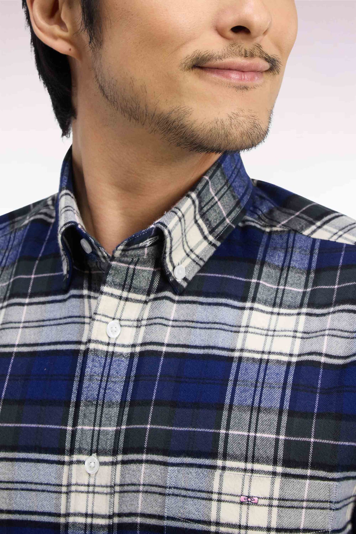 Green and navy cotton check shirt, straight cut