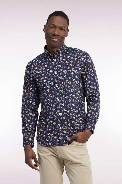 Navy cotton shirt with micro-flower patterns, straight cut - Image 3