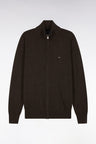 Brown wool and cotton straight cut zipped cardigan