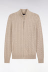 Straight cut beige cotton zipped cable cardigan