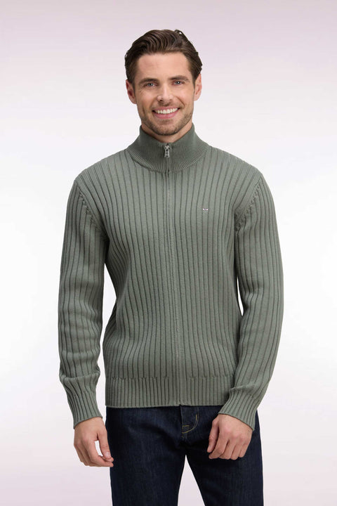 Cardigan zippé à col camionneur en laine et coton kaki côtelé coupe droite - Image 3