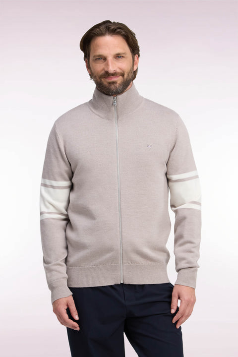 Beige merino wool zipped cardigan with striped sleeves, straight cut - Image 3