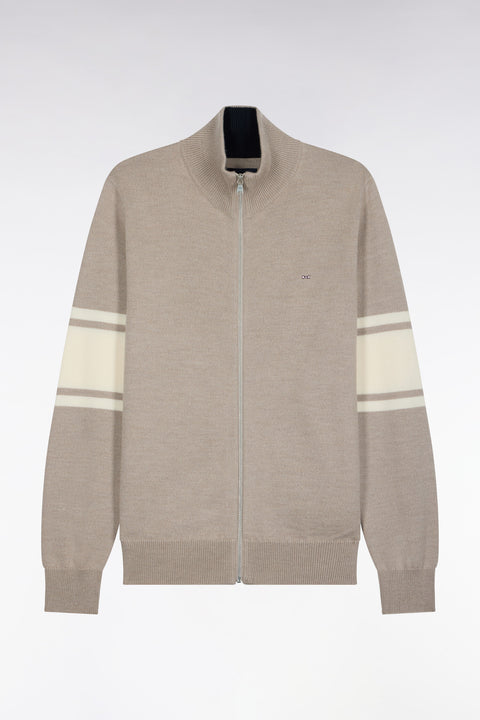 Beige merino wool zipped cardigan with striped sleeves, straight cut - Image 2