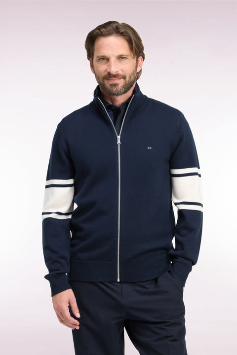 Navy merino wool zipped cardigan with striped sleeves, straight fit - Image 3