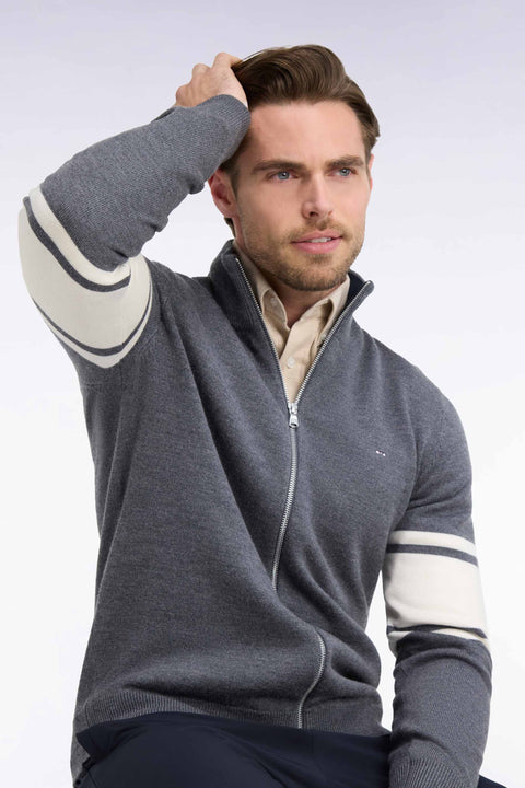 Gray merino wool zipped cardigan with striped sleeves, straight fit - Image 1