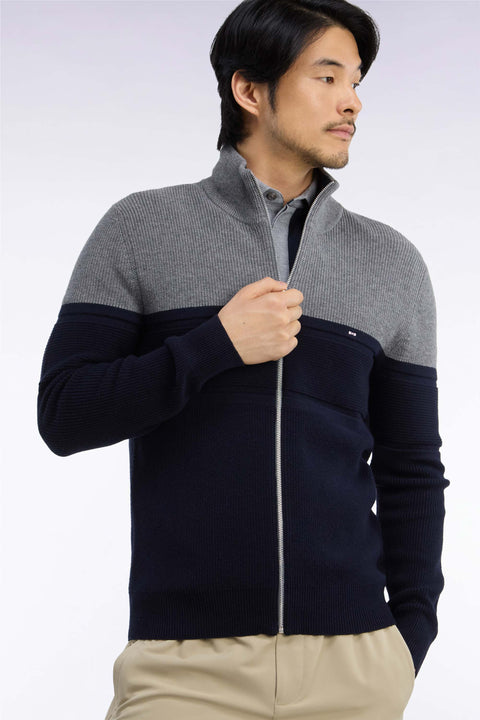 Cardigan zippé bicolore en laine mérinos marine et gris coupe droite - Image 1